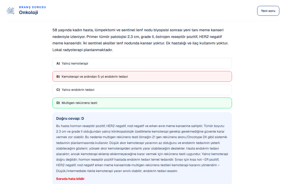 Onkoloji soru bankası örnek ekranı